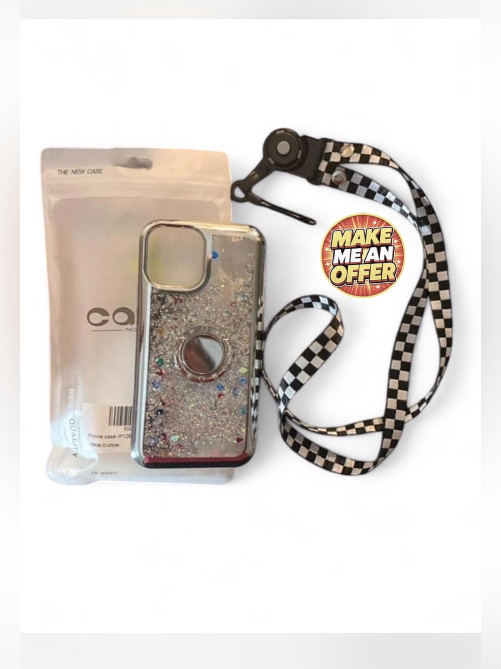 Glitter Ring Grip iPhone 12 Case with Checker Lanyard - Silver